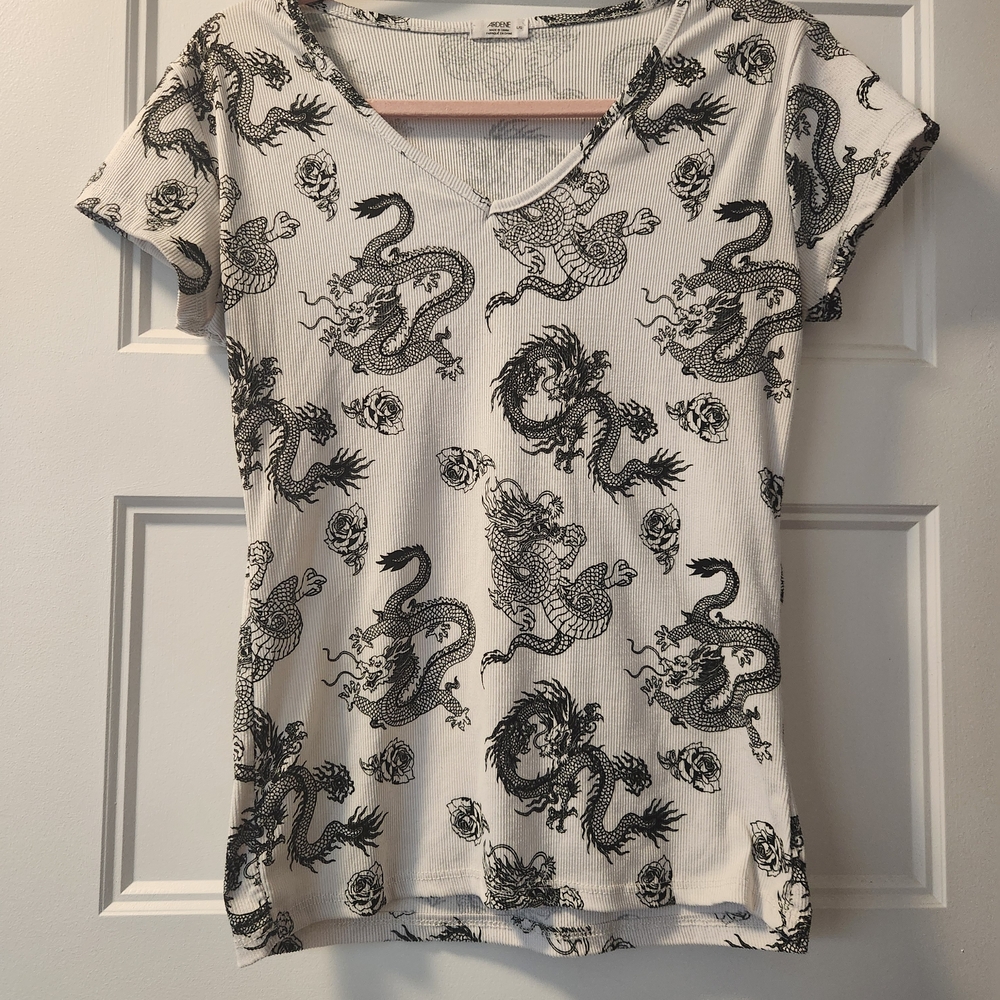 Ardene Black and White Dragon Print V-Neck Tee